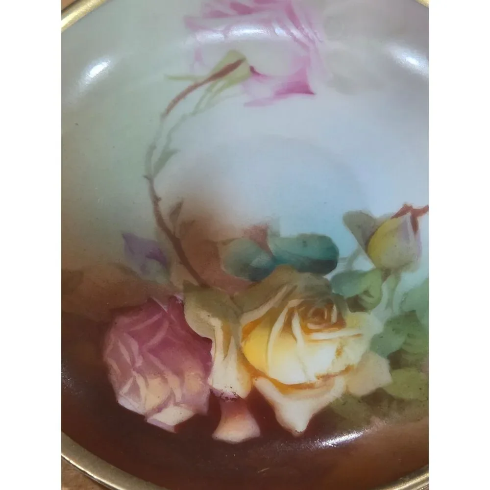 Antique Thomas Bavaria Hand Painted Roses Demitasse Teacup Saucer Marechal Niel